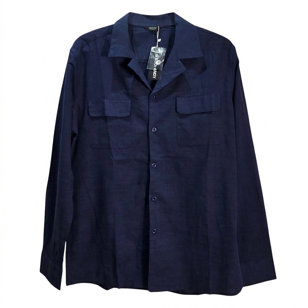 NWT COOFANDY | Navy Blue Long Sleeve Linen-Style Camp Collar Button Down | Small